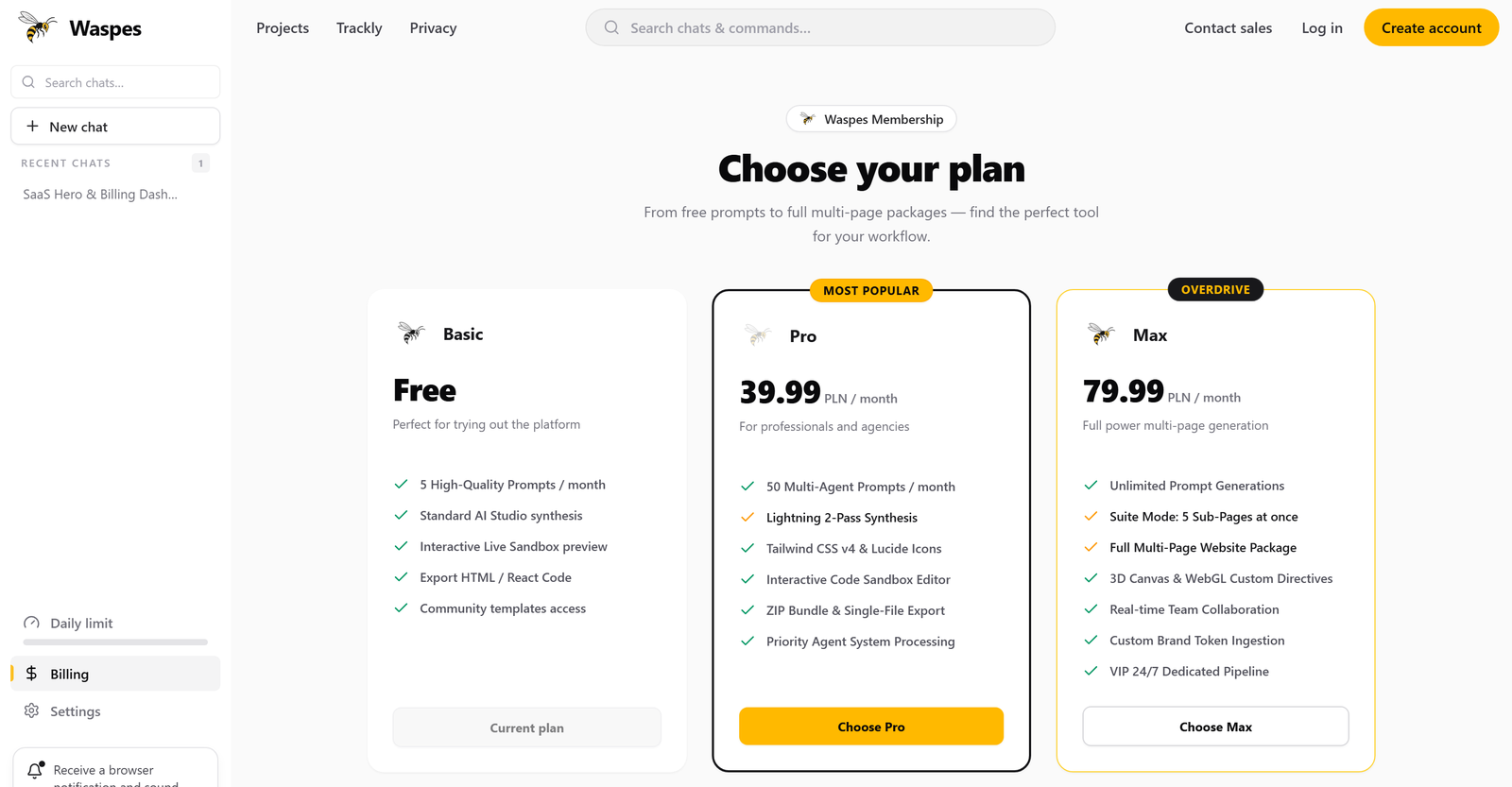 Waspes pricing screenshot — Basic, Pro, Max plans