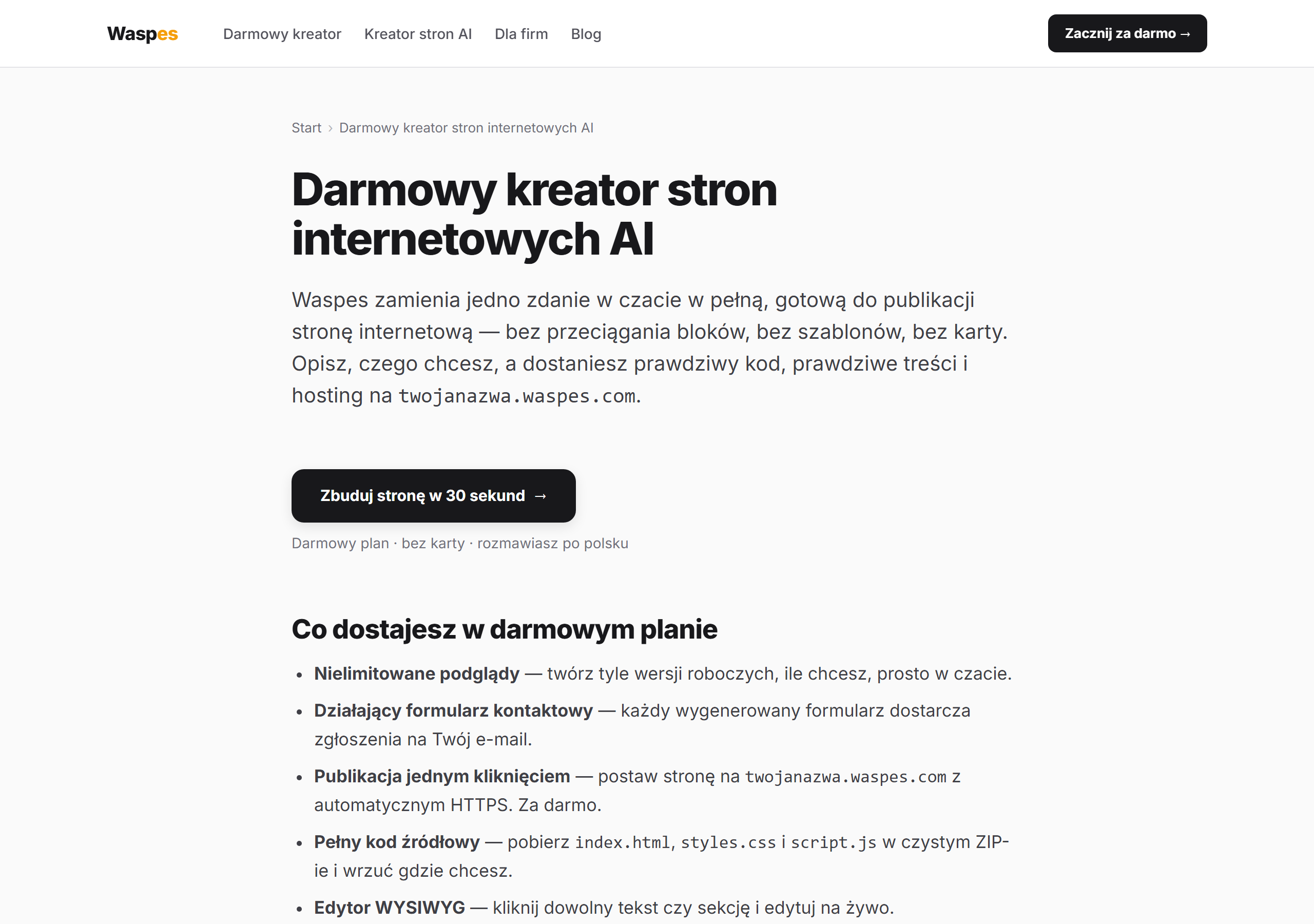 Waspes — kreator stron internetowych AI (zrzut ekranu)